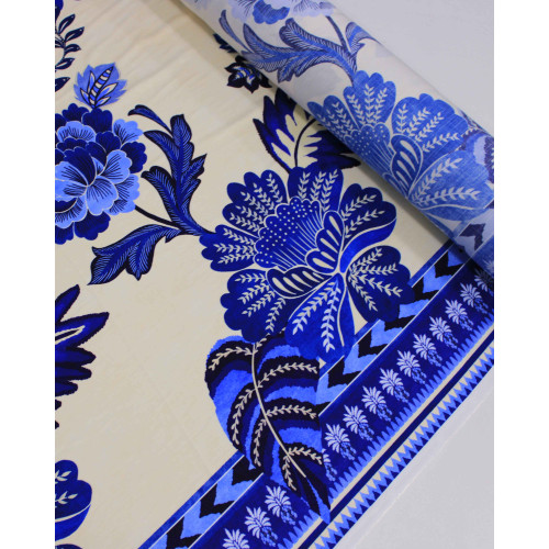 Tecido Viscose Premium Texturizado Barrado Duplo Macro Floral Azul Royal e Creme