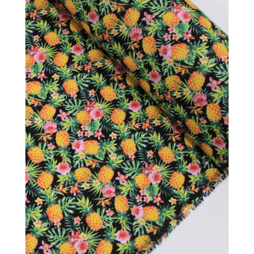 Tecido Tricoline Mista Abacaxi e Flores Amarelo, Rosa, Verde e Preto