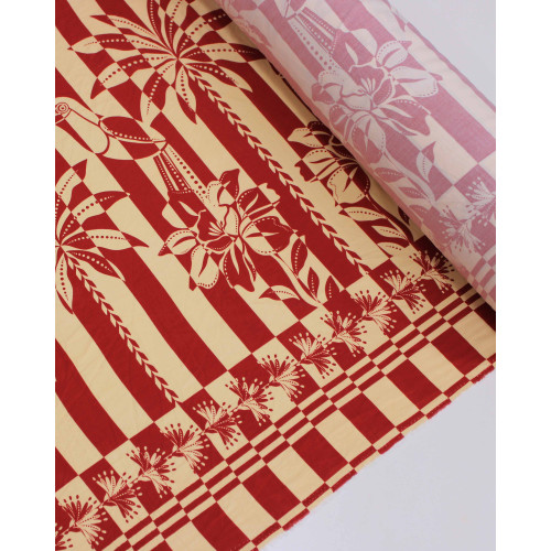 Tecido Viscose Barrado Duplo Estampa Tropical Listrado Vermelho e Creme