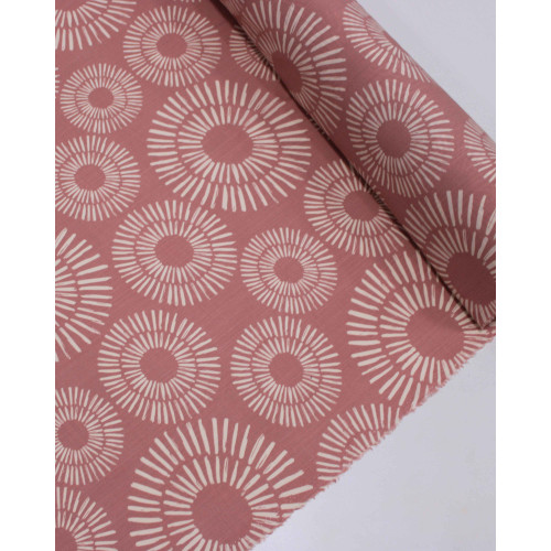 Tecido Viscose Texturizada Círculos em Riscos Offwhite e Rosé