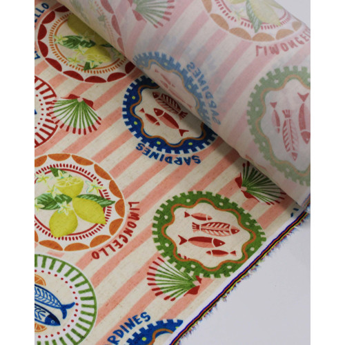 Tecido Viscose Premium Multi Estampado em Listras Sardine Tropical Colorido e Cru