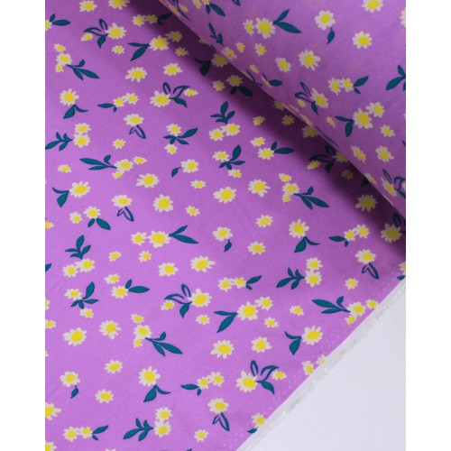 Tecido Viscose Tapete Floral Amarelo, Branco e Lilás