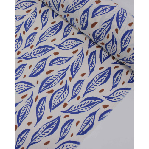 Tecido Crepe Koshibo Macro Folhas Marrom, Azul e Offwhite
