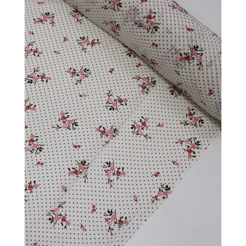 Tecido Crepe Chiffon Grosso Micro Poá e Rosas Preto, Vermelho e Offwhite