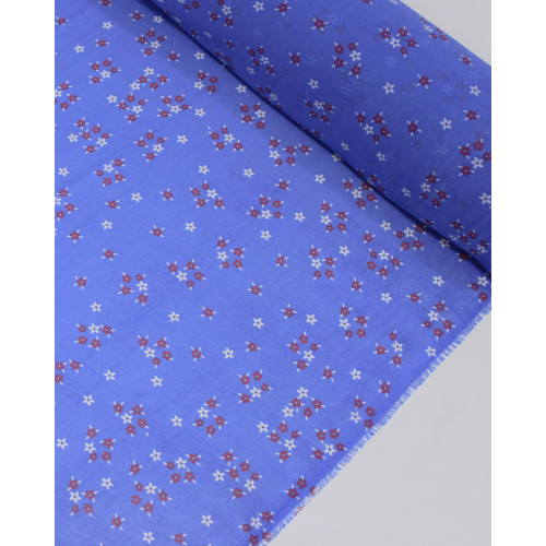Tecido Crepe Chiffon Grosso Micro Flores Branco, Vermelho e Azul