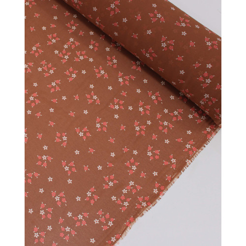 Tecido Crepe Chiffon Grosso Micro Flores Branco, Coral e Marrom Claro