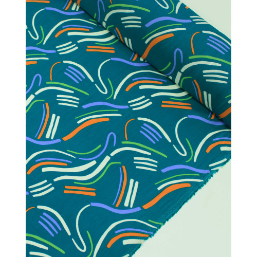 Tecido Viscose Riscos Coloridos e Verde Água