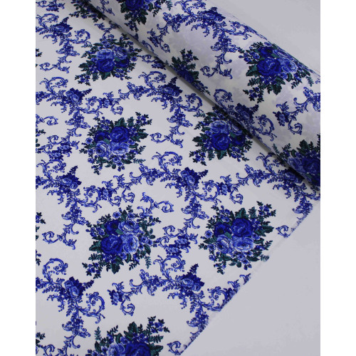 Tecido Crepe Sarjado Buquês de Flores Verde, Tons de Azul e Offwhite