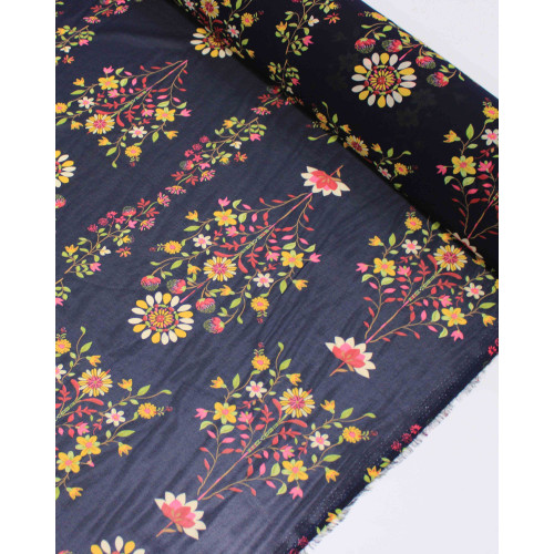 Tecido Crepe Chiffon Grosso Buquês Florais Colorido e Preto