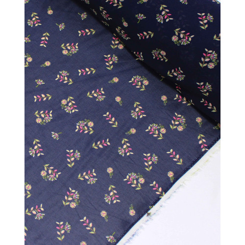 Tecido Crepe Chiffon Grosso Micro Ramos e Flores Verde, Rosa e Azul Marinho