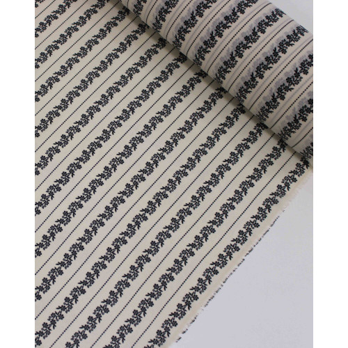 Tecido Crepe Chiffon Grosso Micro Flores em Listras Preto e Creme