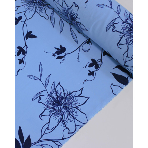 Tecido Crepe Koshibo Rascunho Floral Tons de Azul