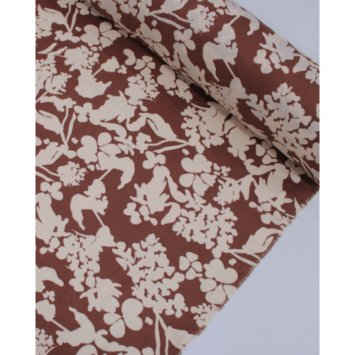 Tecido Crepe Sarjado Ramos Abstratos Pêssego e Castanho