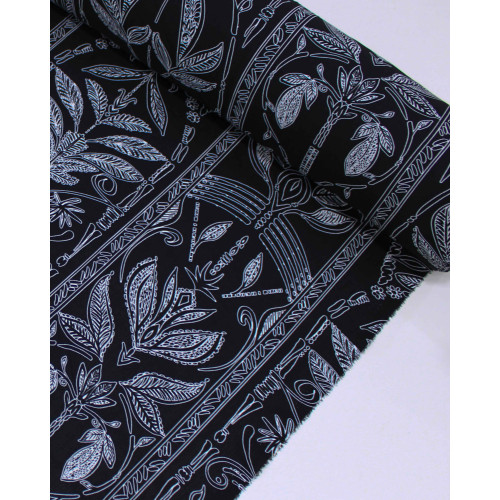 Tecido Crepe Koshibo Ramos Abstratos em Listras Branco e Preto