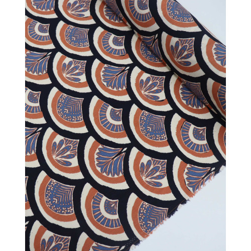 Tecido Viscose Texturizada Arcos Estampados Azul, Argila e Bege