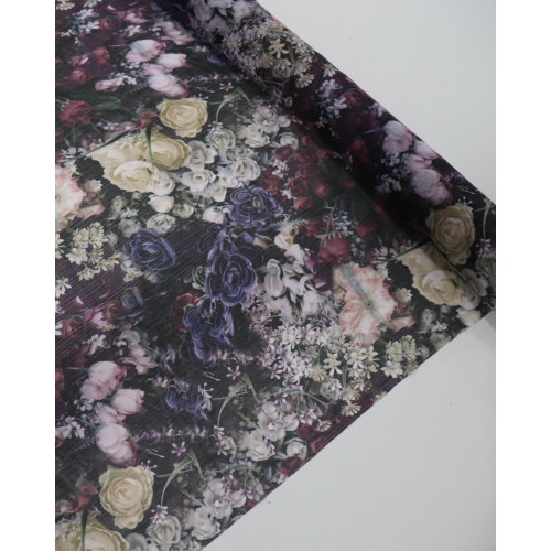Tecido Crepe Chiffon Texturizado Italiano Tapete Floral Colorido e Preto