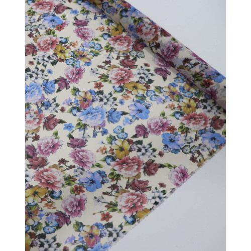 Tecido Crepe Chiffon Toque de Seda Italiano Multi Floral Colorido e Pêssego