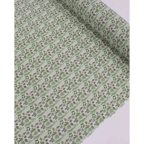 Tecido Tricoline Mista Cactos Tons de Verde e Branco