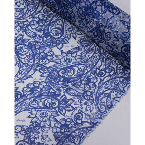 Tecido Crepe Chiffon Estampa Paisley e Flores Azul e Branco