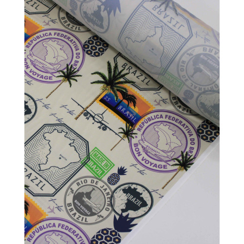 Tecido Crepe Salinas Brasilidade Estampa em Recortes Colorido e Pérola