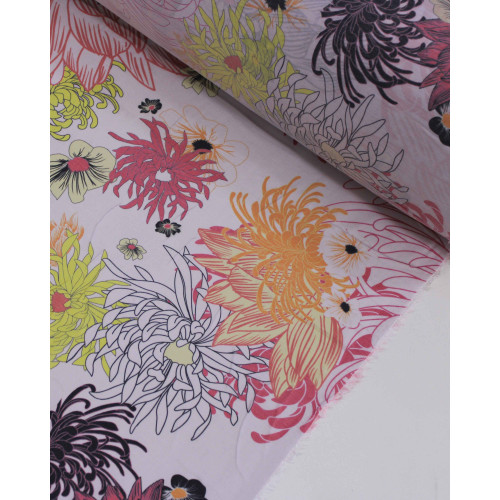 Tecido Crepe de Seda Mista Macro Floral Colorido e Branco
