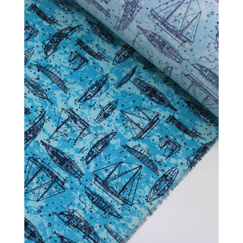 Tecido Tactel Barcos em Rascunho Tons de Azul