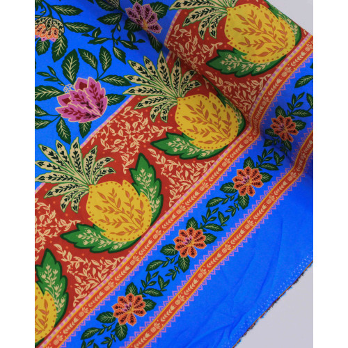Tecido Viscose Premium Barrado Duplo Macro Floral e Ramos Colorido e Azul