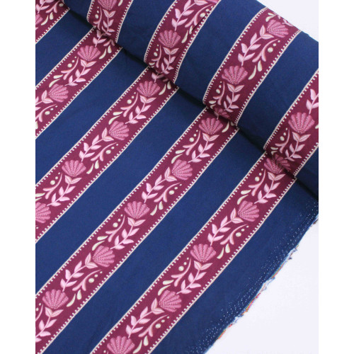 Tecido Viscose Premium Ramos Florais em Listras Tons de Roxo e Azul Petróleo