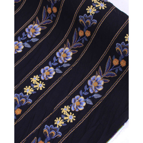 Tecido Viscose Premium Multi Listras Florais Tons de Azul, Amarelo e Preto