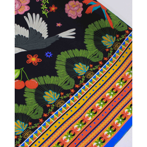 Tecido Viscose Premium Barrado Colorido, Pássaros e Flores Colorido e Preo