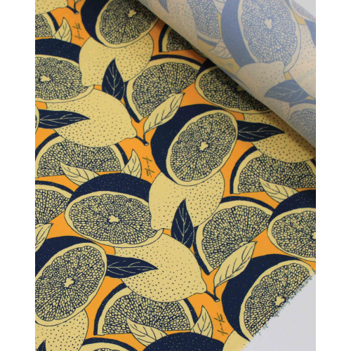 Tecido Crepe Salinas Limões Abstratos Azul e Tons de Amarelo