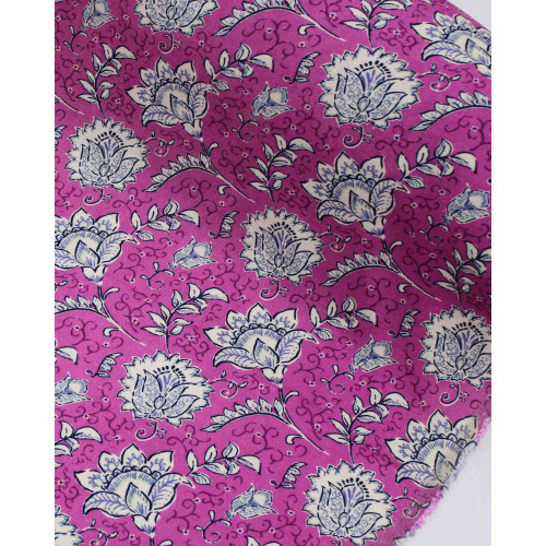 Tecido Linho Misto Rústico Premium Ramos Florais Offwhite e Fúcsia