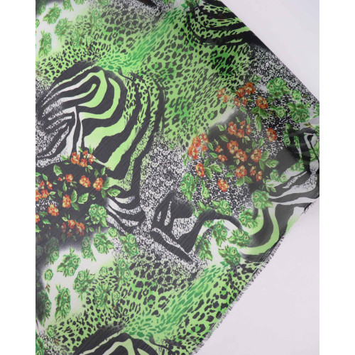 Tecido Crepe Chiffon Texturizado Animal Print e Flora Preto e Verde Lima