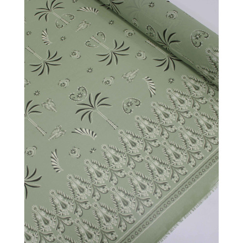 Tecido Crepe Chiffon Grosso Barrado Duplo Arabescos e Palmeiras Creme e Tons de Verde
