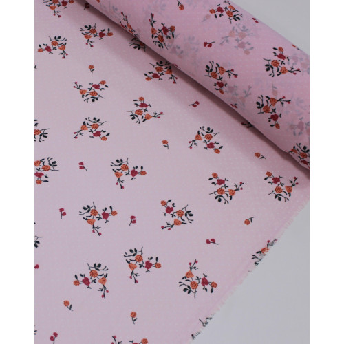 Tecido Crepe Chiffon Grosso Micro Poá e Rosas Branco, Colorido e Rosa Bebê