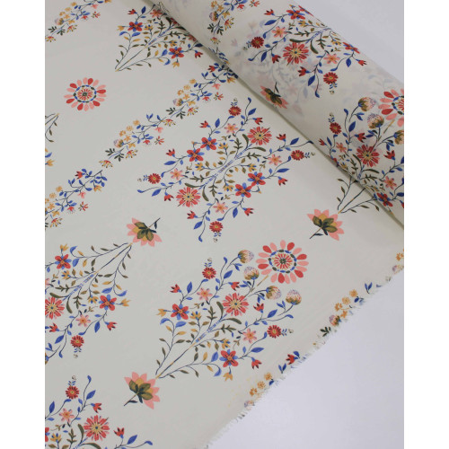 Tecido Crepe Chiffon Grosso Buquês Florais Colorido e Creme