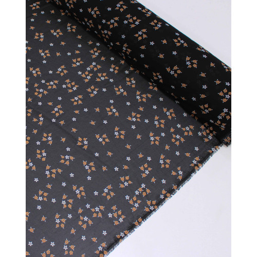 Tecido Crepe Chiffon Grosso Micro Flores Laranja, Branco e Preto