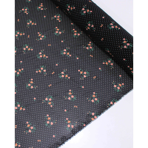 Tecido Crepe chiffon Grosso Micro Poá e Rosas Branco, Colorido e Preto