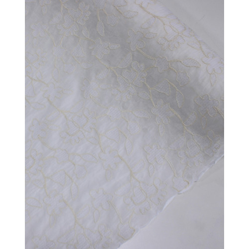 Tecido Cambraia Bordada Ramos Florais Abstratos Branco e Offwhite