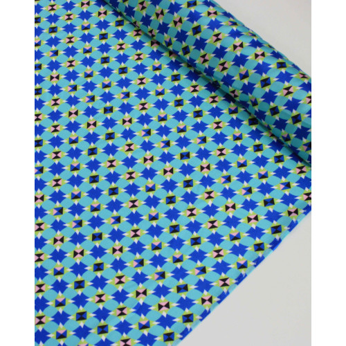 Tecido Crepe Silk Italiano Micro Estampa Geométrica Colorido e Tons de Azul
