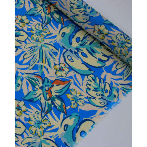 Tecido Viscose Mista Italiano Campo de Folhas Colorido e Azul (Com Leves Defeitos)