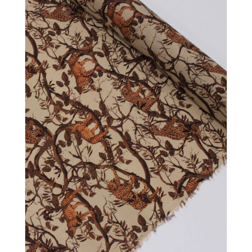 Tecido Viscose Italiano Leopardos em Galhos Laranja, Marrom e Bege