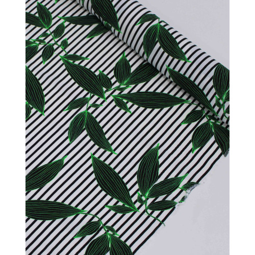 Tecido Crepe de Viscose Italiano Ramos em Listras Verde, Preto e Branco