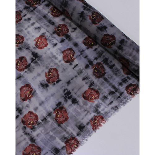 Tecido Viscose Italiano Tapete Floral em Tie De Vermelho e Tons de Cinza