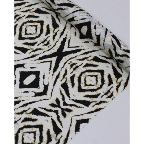 Tecido Linho Puro Italiano Estampa Étnica Abstrata Preto e Offwhite
