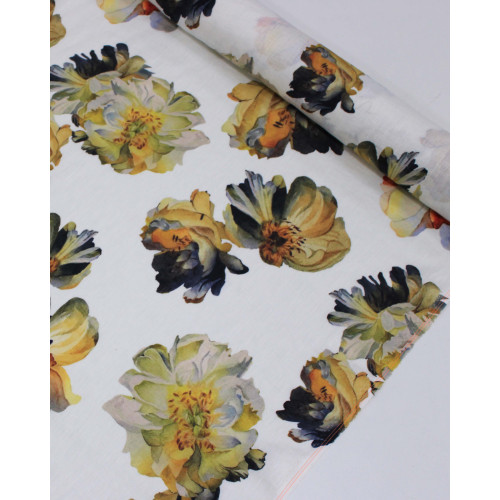 Tecido Linho Puro Italiano Tapete Macro Floral Colorido e Branco