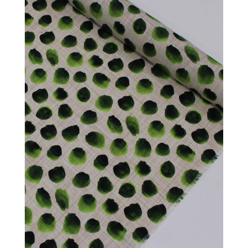 Tecido Linho Misto Italiano Pingos Irregulares Tons de Verde e Bege