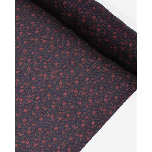 Tecido Crepe Chiffon Texturizado Italiano Micro Tapete Floral Marsala e Preto