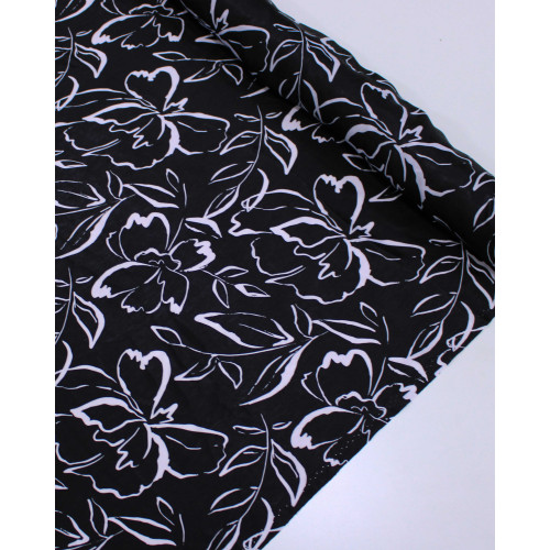 Tecido Crepe Silk Italiano Rascunho Floral Branco e Preto