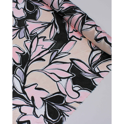 Tecido Crepe Silk Italiano Desenho Abstrato Floral Rosa, Preto e Pêssego